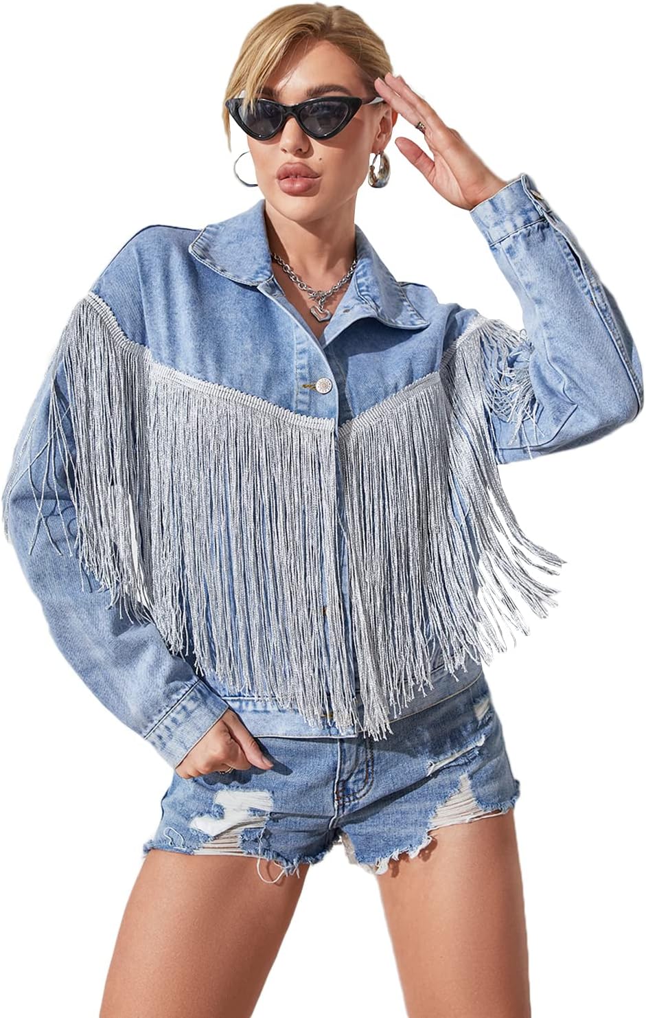YILANUOYI Women\u2019s Crop Denim Jacket Tassel Casual Jean Coat With Fringe