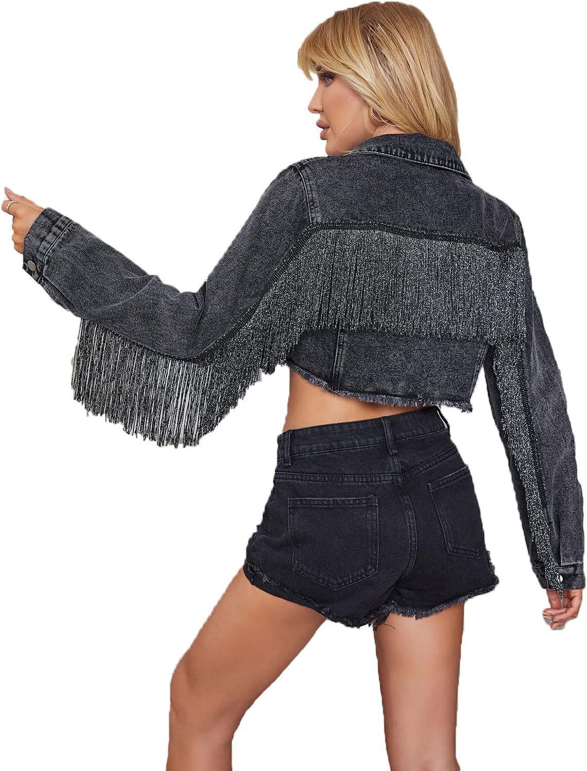 YILANUOYI Women\u2019s Crop Denim Jacket Tassel Casual Jean Coat With Fringe