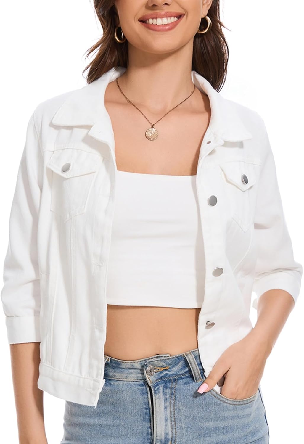 YOUNIFIZ Women’s Short Denim Jacket 2025 Lapel Stretch Jean Coat Button Trendy 3\/4 Sleeve Cropped Denim Jackets