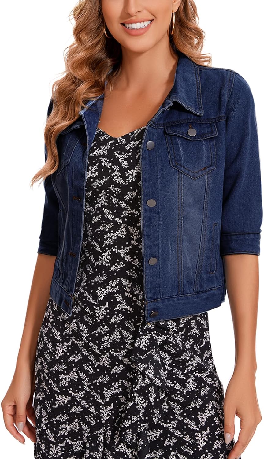 YOUNIFIZ Women’s Short Denim Jacket 2025 Lapel Stretch Jean Coat Button Trendy 3\/4 Sleeve Cropped Denim Jackets