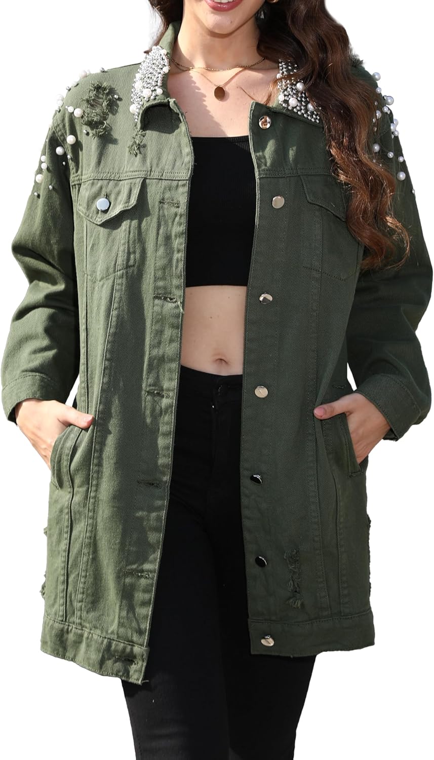 YPCT Women’s Long Sleeve Button Down Pearl Jean Jacket Boyfriend Long Denim Coat