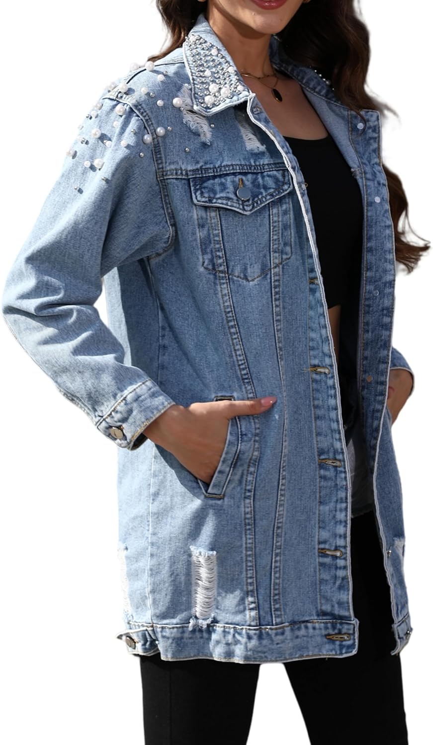 YPCT Women’s Long Sleeve Button Down Pearl Jean Jacket Boyfriend Long Denim Coat