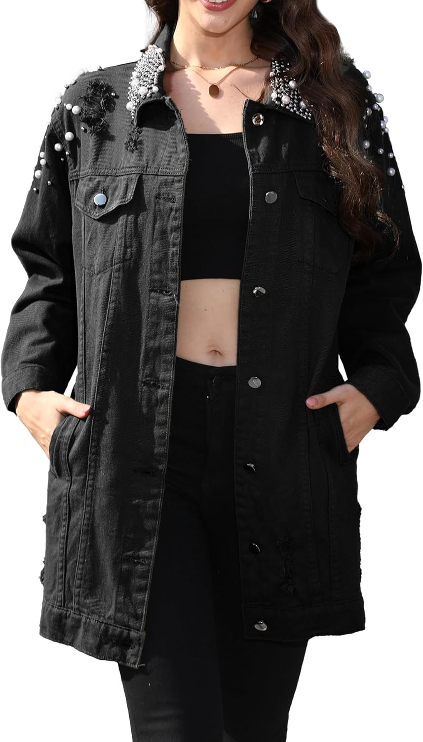YPCT Women’s Long Sleeve Button Down Pearl Jean Jacket Boyfriend Long Denim Coat