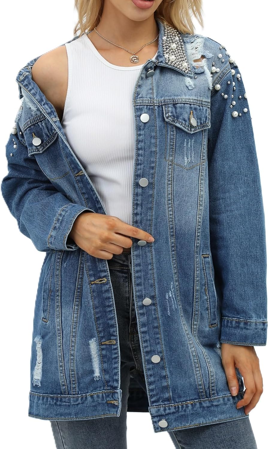YPCT Women’s Long Sleeve Button Down Pearl Jean Jacket Boyfriend Long Denim Coat