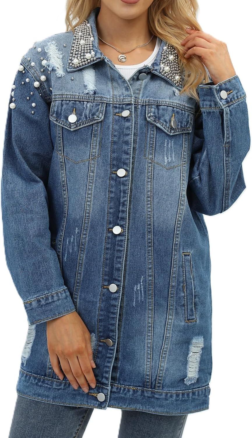 YPCT Women’s Long Sleeve Button Down Pearl Jean Jacket Boyfriend Long Denim Coat
