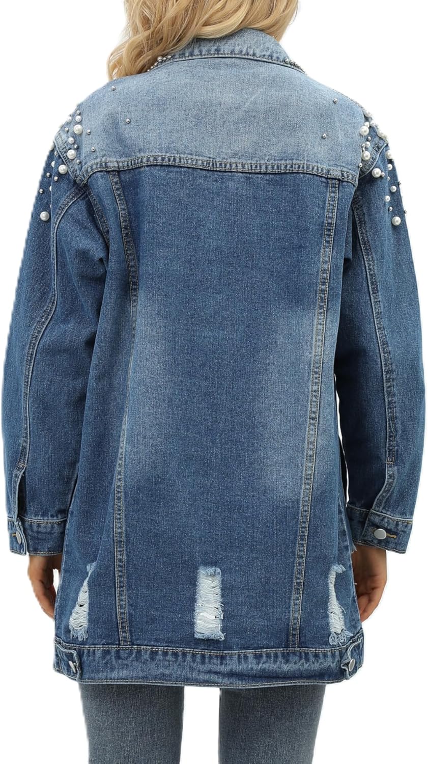 YPCT Women’s Long Sleeve Button Down Pearl Jean Jacket Boyfriend Long Denim Coat