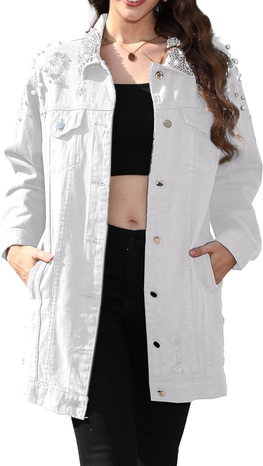 YPCT Women’s Long Sleeve Button Down Pearl Jean Jacket Boyfriend Long Denim Coat