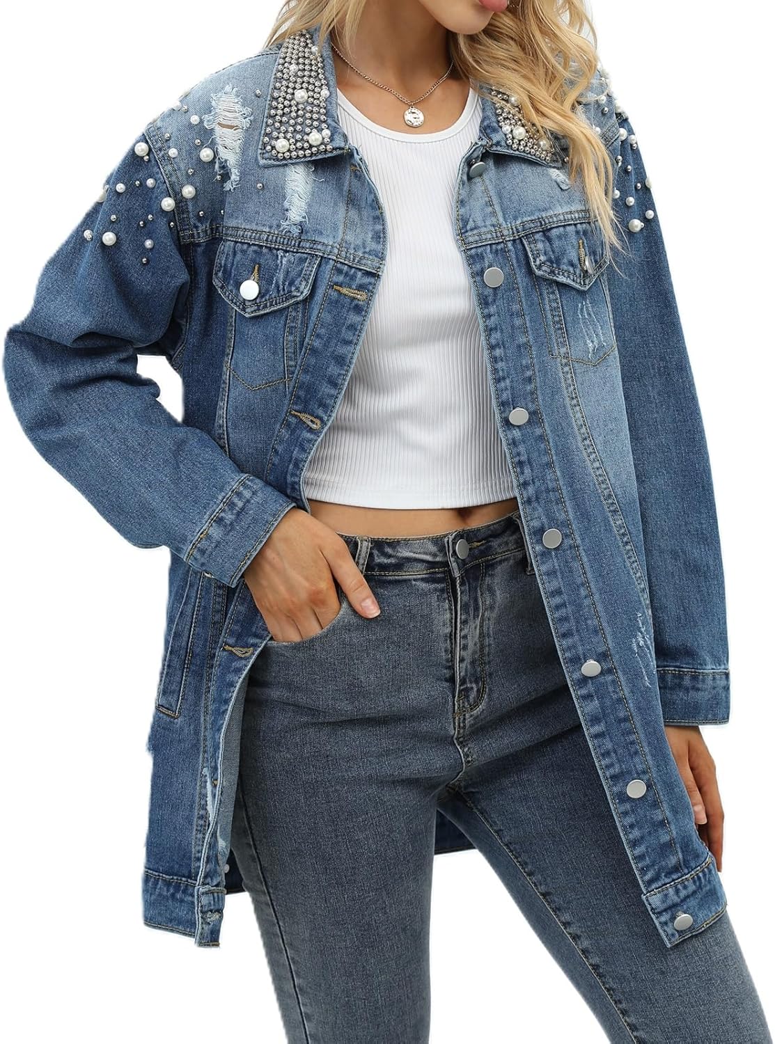 YPCT Women’s Long Sleeve Button Down Pearl Jean Jacket Boyfriend Long Denim Coat