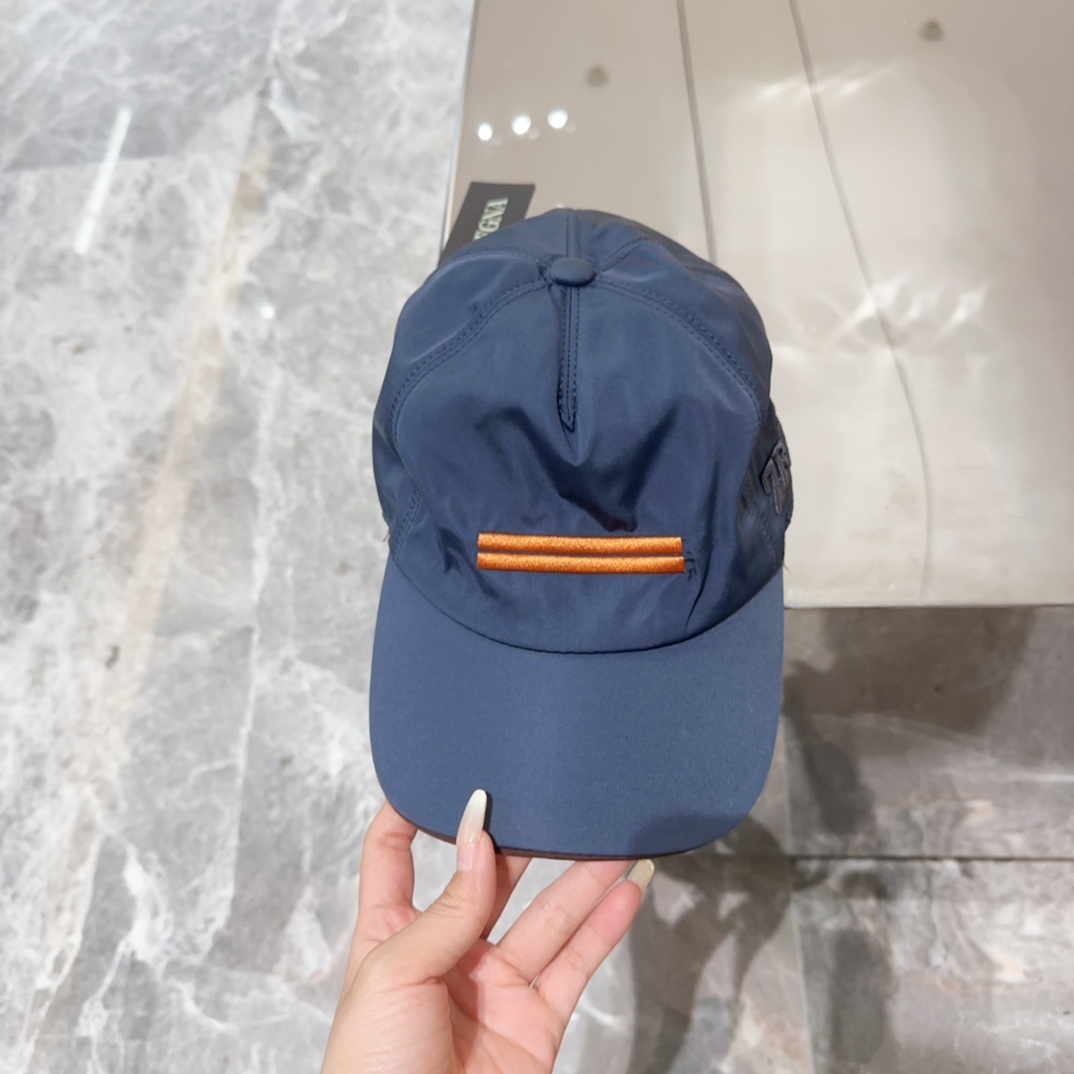Zegna Navy Nylon Baseball Cap - Orange Stripe